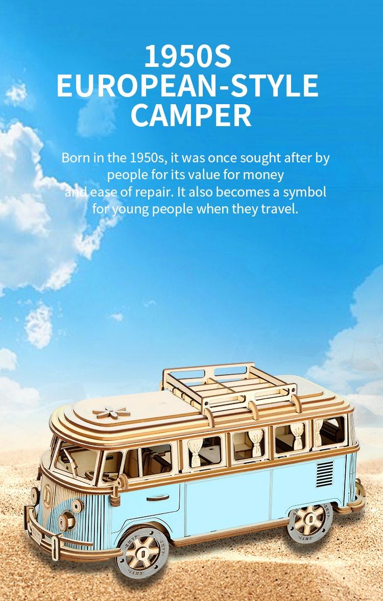 Blue Camper Wooden Puzzle, Wood Car Model, 3D Assembly Toy, Educational Intelligence Toy, Realistic Car Series Decoration