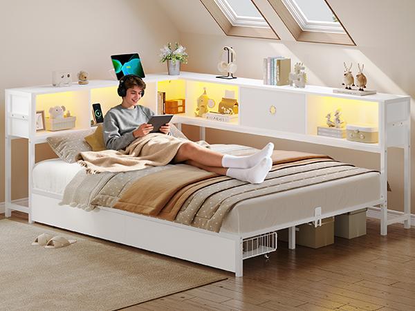 Hasuit Corner Twin Bed Frame with Storage Drawers and Bookcase Headboard, Twin Size Metal Platform Corner Bed Frame with Charging Station and LED Lights, Twin Daybed for Kids Teens Guests