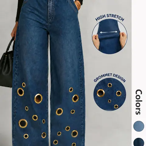 Women's Plus Size High-Waisted Wide-Leg Stretchy Jeans, Grommet-Embellished Denim Pants, Casual Jeans for All-Season Wear