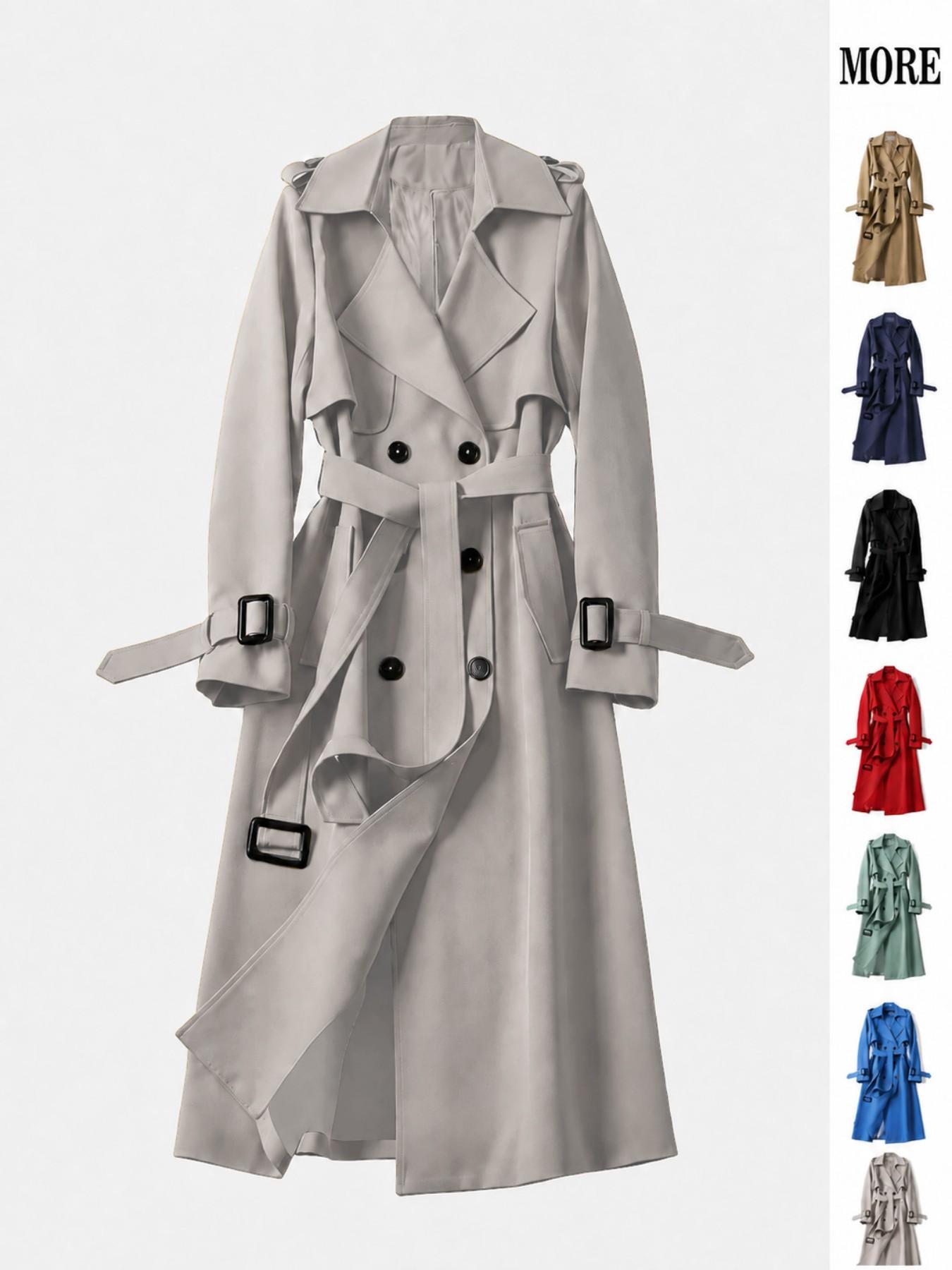 Women’s Long Trench Coat, Double Breasted Belted Overcoat with Lapel Collar and Adjustable Cuffs, Elegant Fall Business Casual Outerwear