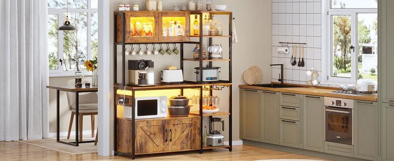 Sikaic 45.3 Inches Farmhouse Coffee Bar Bakers Rack with Power Outlet and LED Light Cabinet Kitchen with Storage Bookshelf