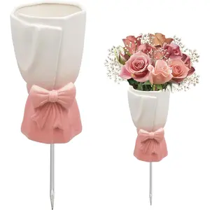 Cemetery Vase for Grave Decorations with Metal Spike, Ceramics Vase for Memorial Markers, Graveside Decor Sign for Outdoor Yard Lawn