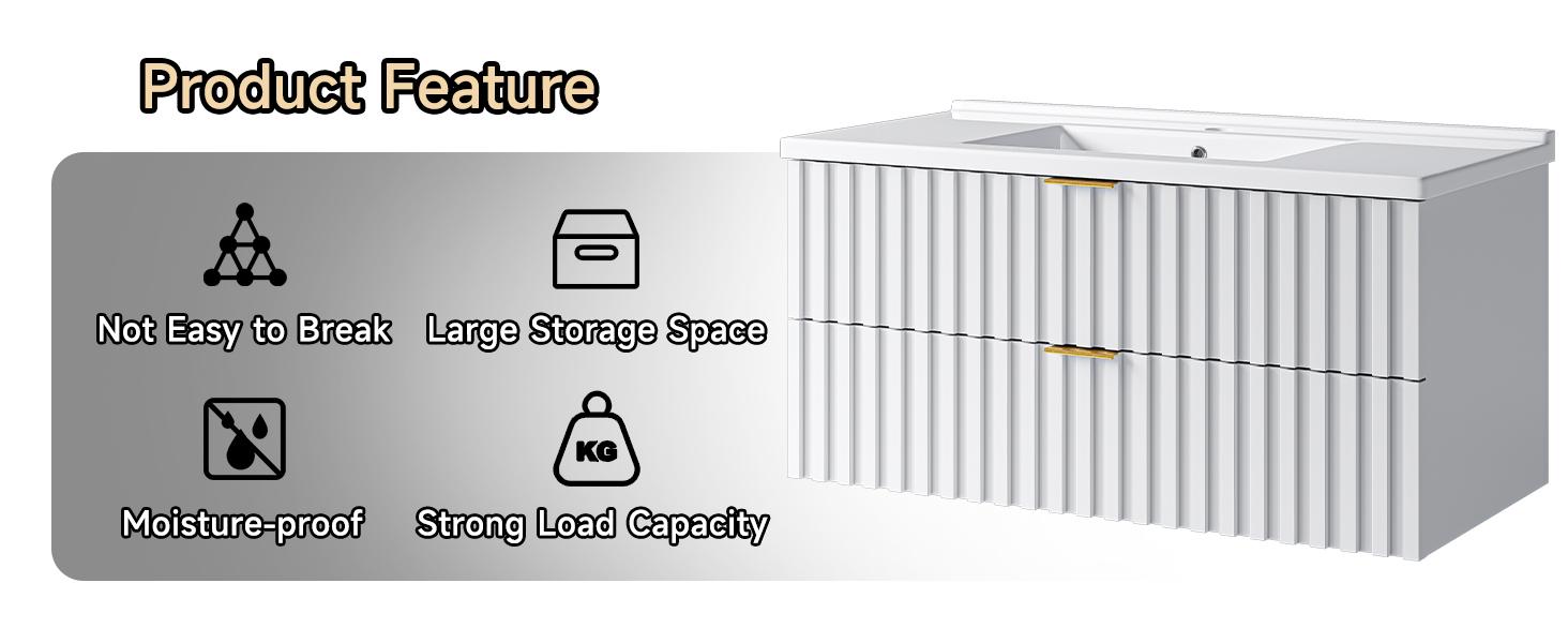 【Valentine's Day Gift】ONBRILL 36 Inch Bathroom Vanity with Sink Combo, Floating Bathroom Vanity with 2 Fluted Drawers & Metal Handle, Modern Wall Mount Storage Cabinet with Ceramic Integrated Sink for Small Space