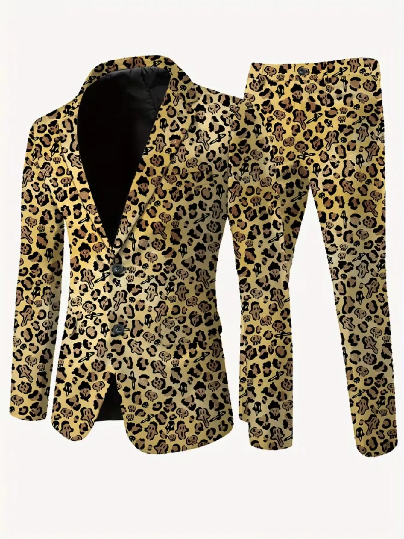 Men's Two-Piece American Streetwear Skull Leopard Print Blazer Set, Stage Trendy Printed Suit Long Pants, Casual All Seasons Wear
