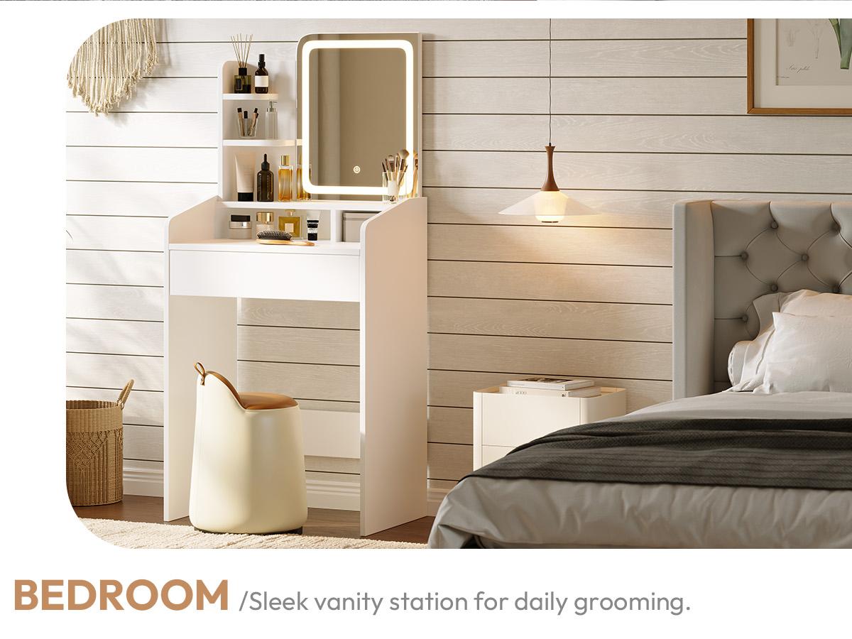 Dowinx Small Vanity Desk with Mirror and Lights, Makeup Vanity with Drawer & Storage Shelves, Makeup Desk with 3 Lighting Modes & Adjustable Brightness, Dressing Table for Women Girls Bedroom