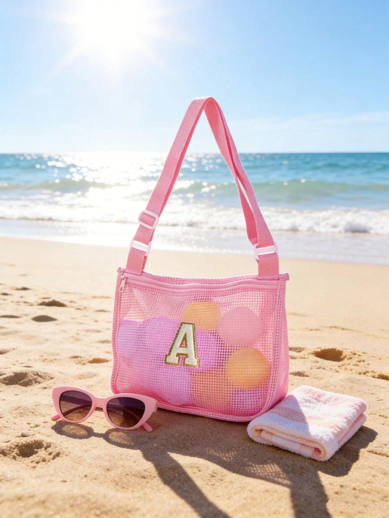 Letter Beach Mesh Bag, Shell Storage Pouch, 30cmx25cm, Unisex Swimming Accessory, Ideal for Vacations, No Ocean Balls Included