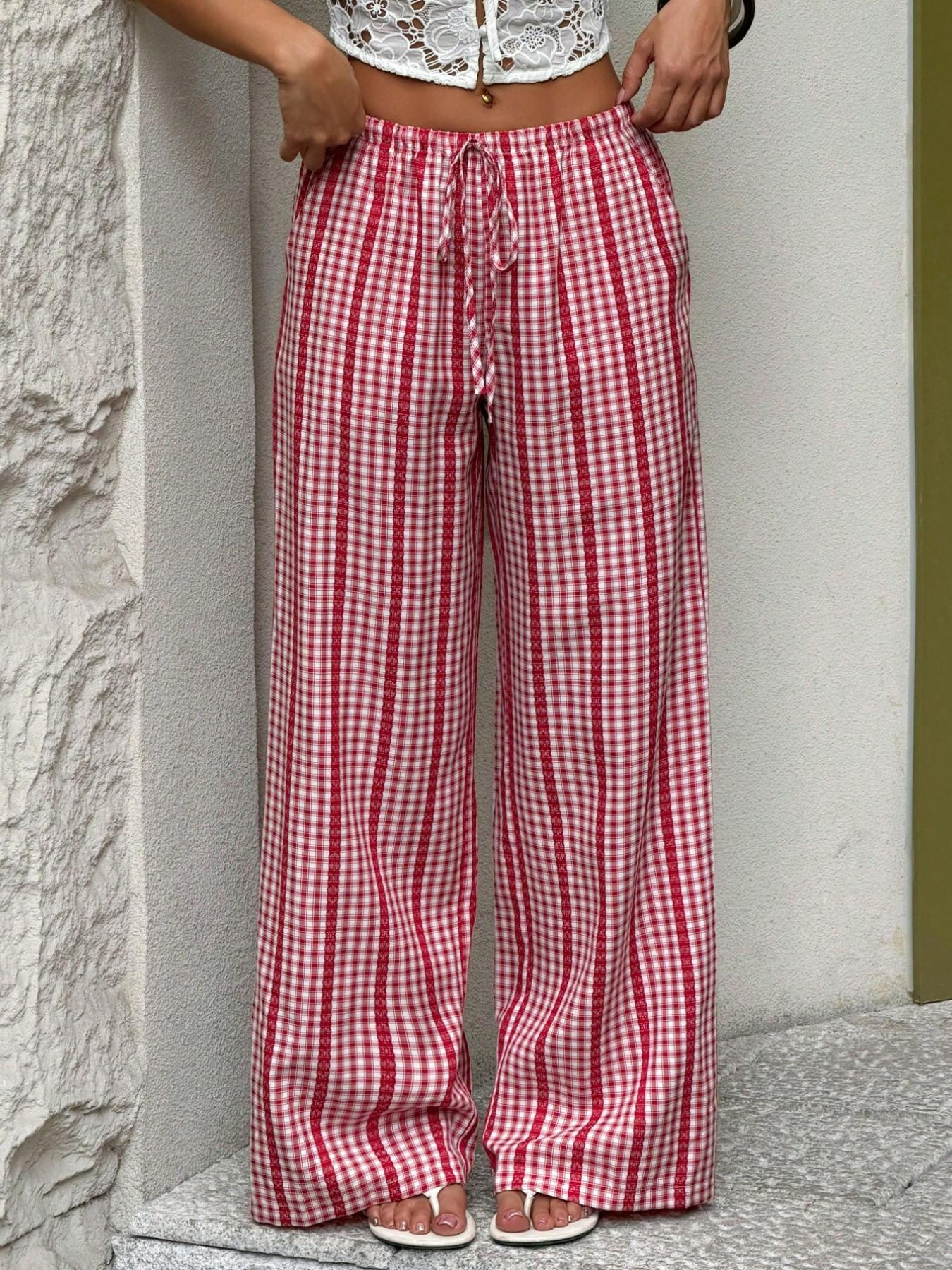 Women'S Red White Gingham Drawstring Elastic Adjustable Waist Wide Leg Casual Pants, Loose Lightweight Soft Breathable Plaid Trousers, Y2K Cute Summer Beach Bottoms For Daily Shopping Coffee Date Outdoor Walk Street Outfit