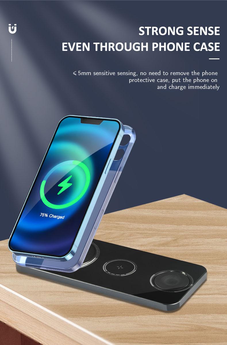 3 in 1 Wireless Charger Dock Station Foldable Max 15W Fast Charging with Magsafe Wireless Charger for iPhone12/13/14/15/16 Series for AirPods iWatch Series Wireless Charger