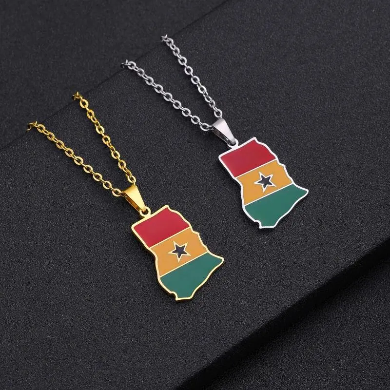 Stainless Steel Africa Ghana Map Flag Pendant Necklace Men Women Gold Silver Color African Jewelry Gift