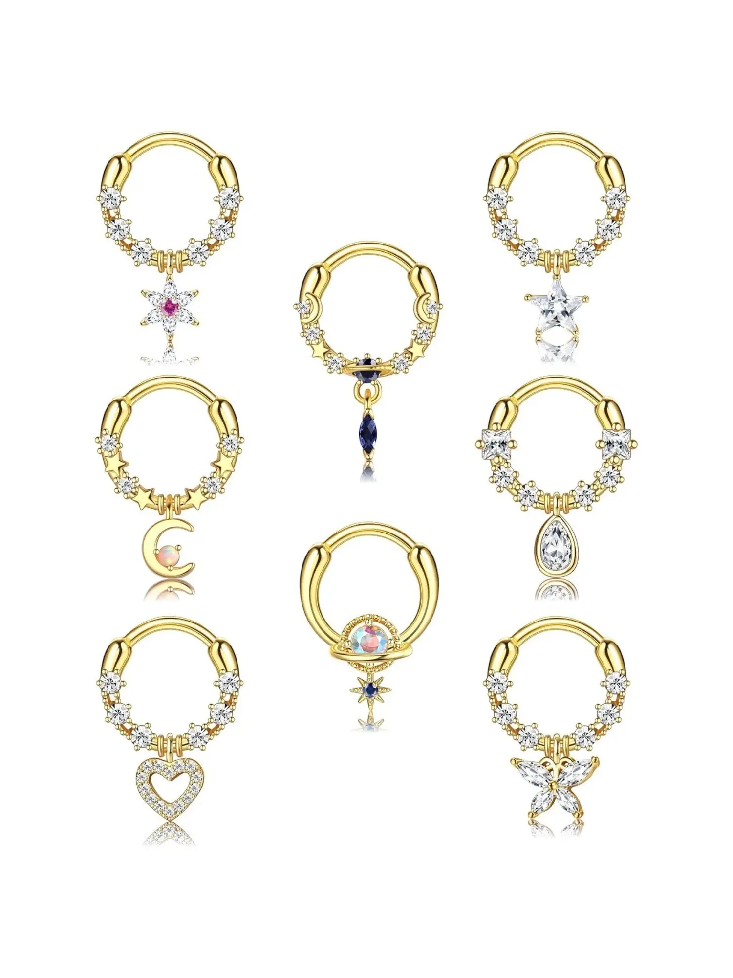 8Pcs Septum Rings Dangle Teardrop Septum Jewelry with Blue Planet Clear CZ Surgical Steel Star Daith Earrings Moon Cartilage Tragus Helix Earrings Nose Rings Piercing for Women Men