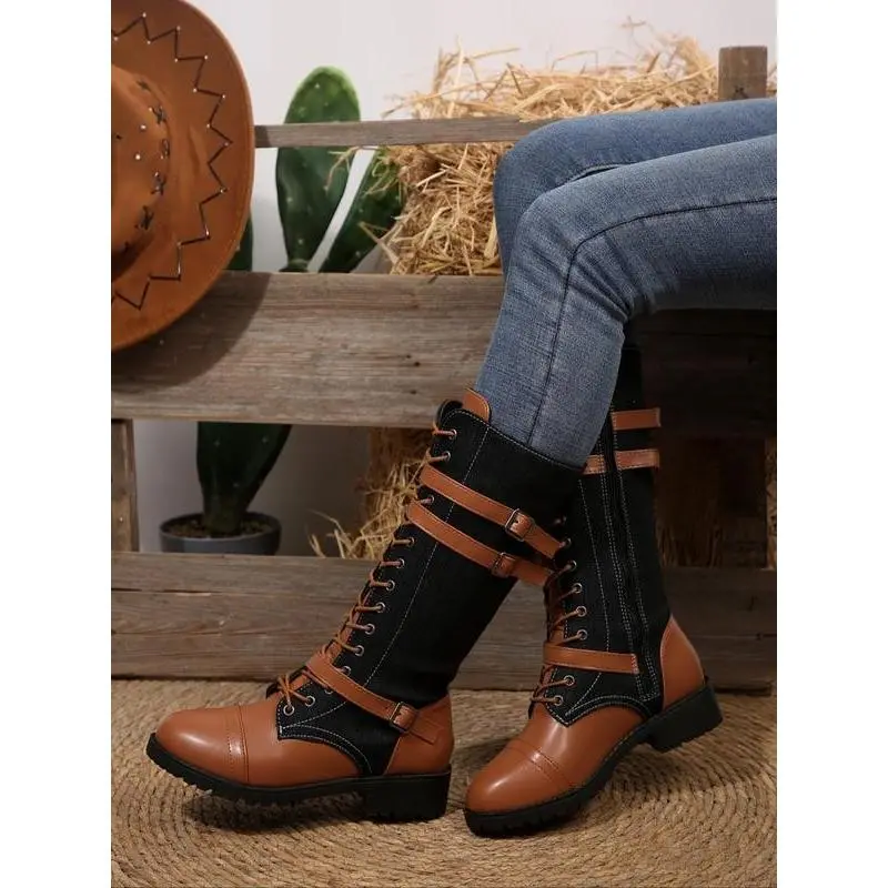 Women's Fall Winter Low Heel Lace-Up Mid-Calf Boots, PU Leather & Denim Patchwork Casual Knight Boots