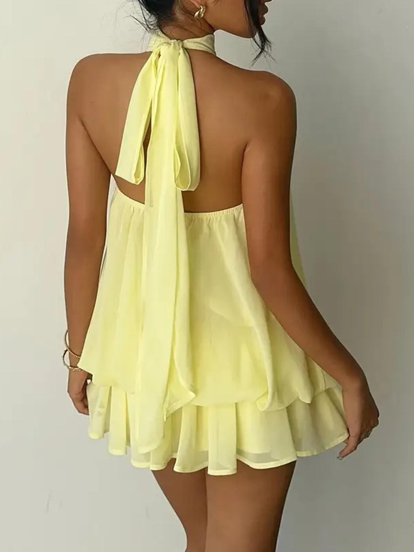 Women's Summer Casual Fashion Halter Tie Back Mini Dress, Slim-Fitting Elegant Sleeveless Dress for Party & Daily Wear