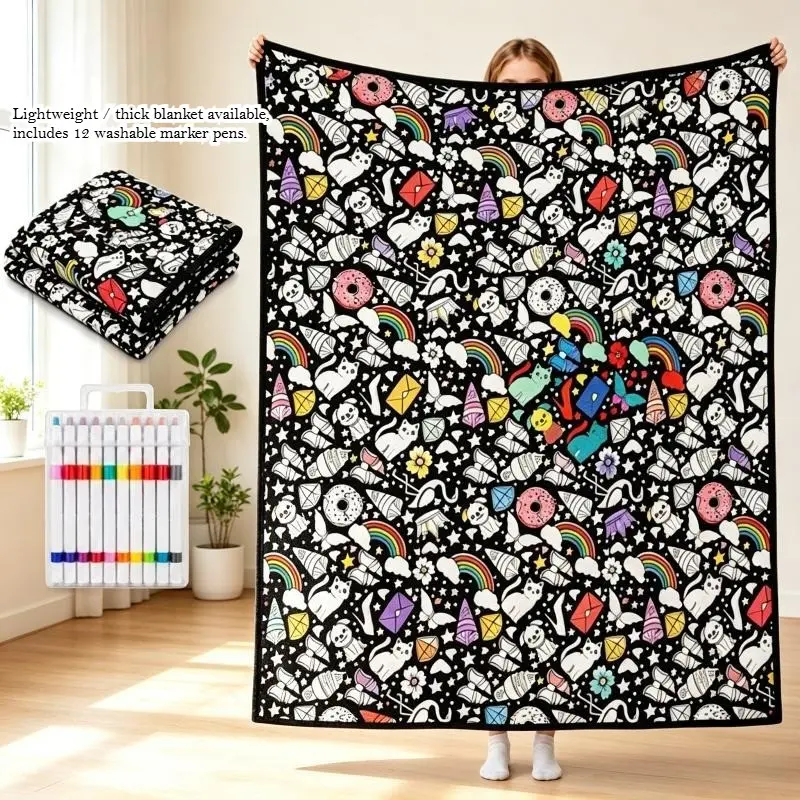 Adult DIY Coloring Blanket, Thin/thick Option, 50x60 Inches, Includes 12 Washable Markers, Soft Velvet Hand-Painted Cover Blanket, Home Decor, Decorative Blanket