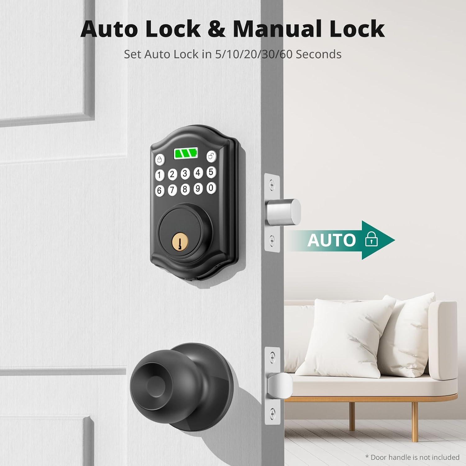 Matte Black DS10 Mini Alloy Modern Smart Door Lock with Keypad Deadbolt - Auto-Lock, Code Access, Weatherproof, Easy Installation for Front Doors, Modern Smart Door Locks
