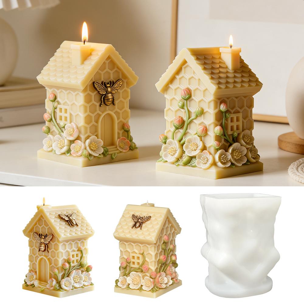 Honeycomb Small House Embossed Flower Candle Mold DIY Honeycomb Hut Shape Multifunctional Aromatherapy Plaster Epoxy Soap Mold Easy To Release Creative Handmade Ornaments