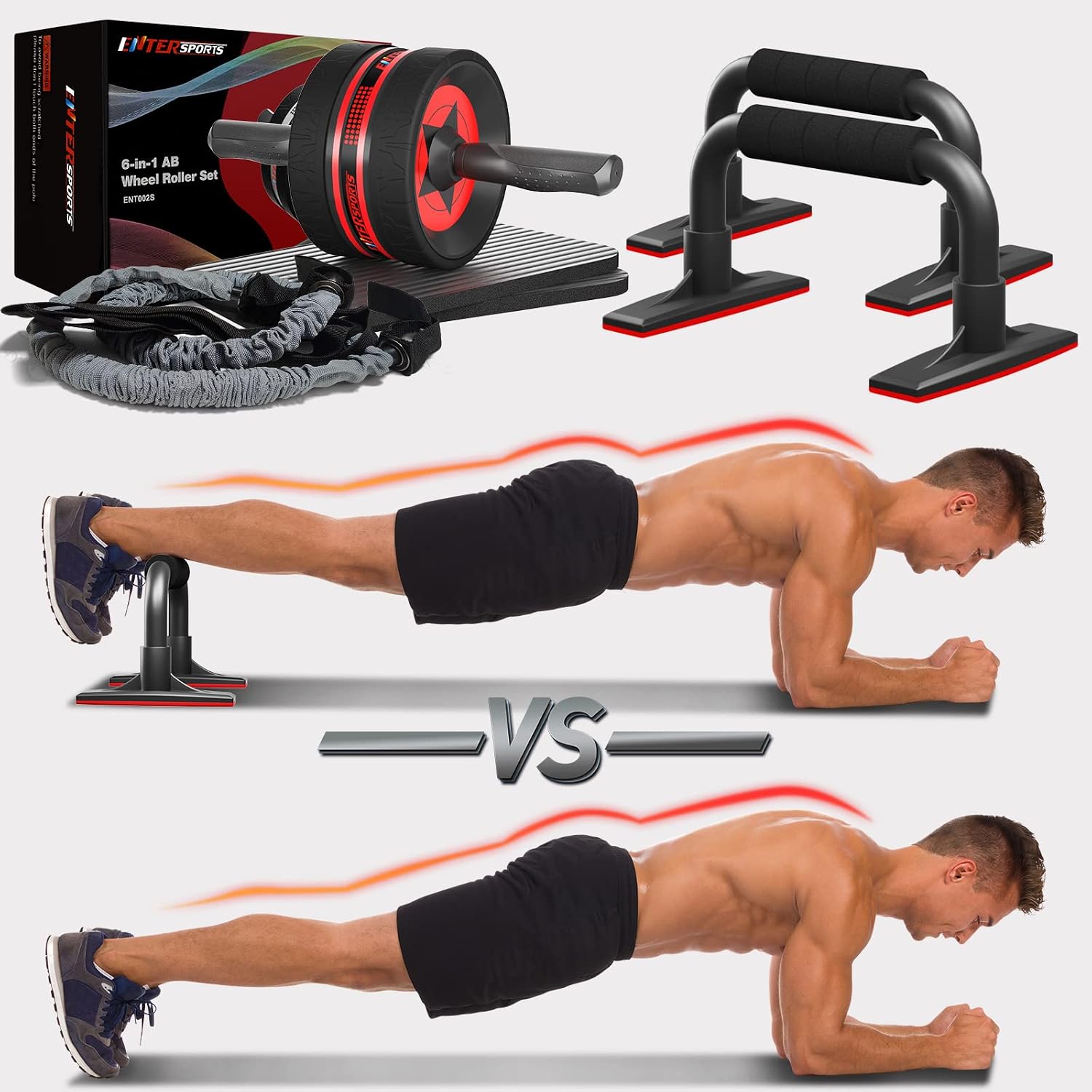 AB Wheel Roller, 6-in-1 Exercise Roller Wheel Kit with Knee Pad, Resistance Bands, Pad Push Up Bars Handles Grips, Perfect Home Gym Equipment for Men Women Abdominal Roller (Red)
