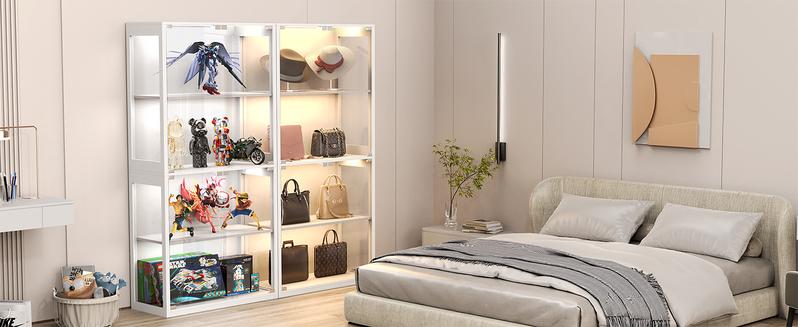 MIIFUNY Display Cabinet with Glass Doors, Storage Cabinet with 3 Color Light, 4-Tier Curio Cabinet Bookcase for Collectibles, Toys, Books, for Playroom, Bedroom, Study Room, White