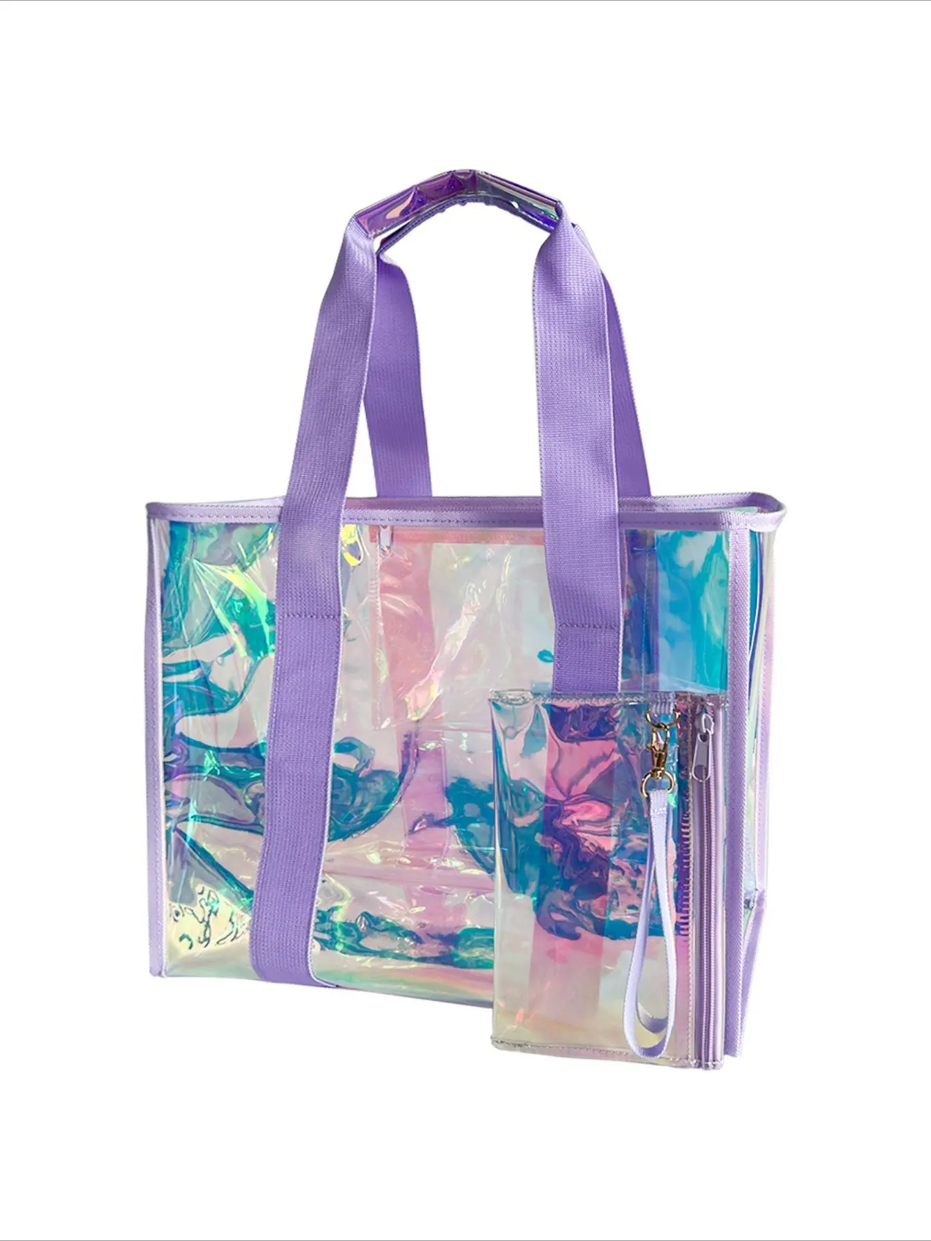 Holographic PVC Clear Tote Bag Set, Y2K Aesthetic Laser Transparent Shoulder Handbag, Waterproof Durable, Large Capacity for Women Girls, Rainbow Bag