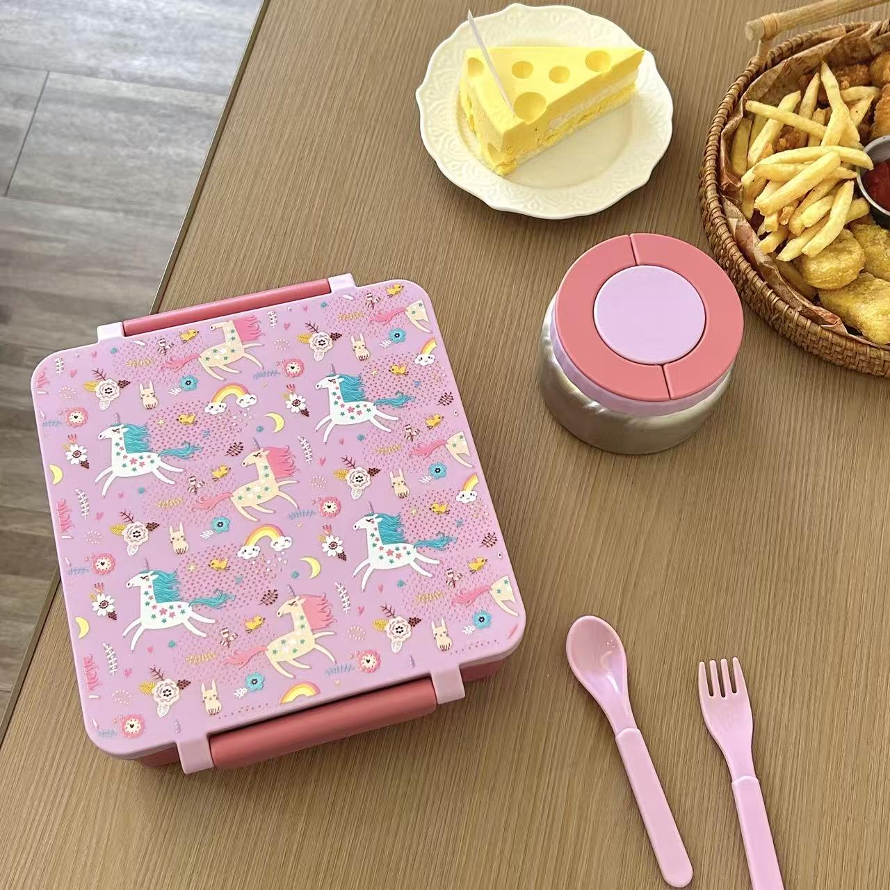 Bento Lunch Box Set for Kids🍗🥦🍓🍰🍲 with 9.5 oz Soup Thermo, Leak-Proof Lunch Containers with 4 Compartment, Kids Thermo Hot Food Jar ，BPA Free ， Utensils for Girl Boy School, Microwave Dishwasher Safe