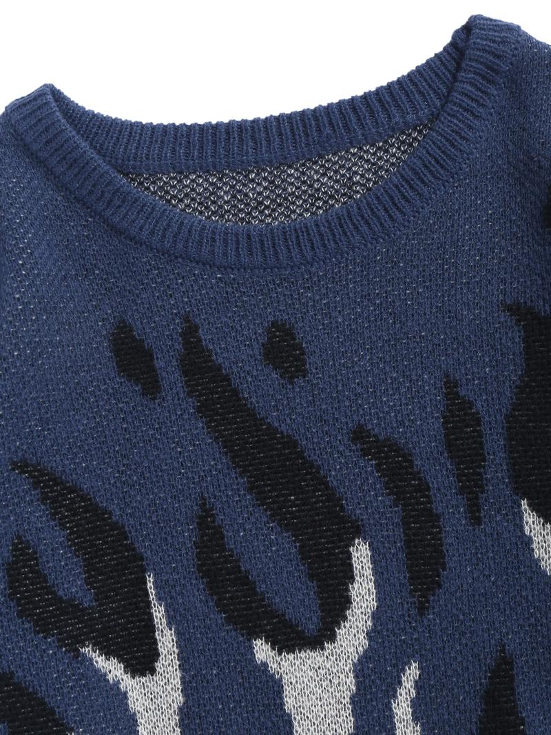 ZAFUL Men's Fall Winter Flame Pattern High Stretch Crew Neck Long Sleeve Sweater Ribbed Sweater Tops, Casual Loose Fit Knitwear for Men, Comfortable Daily Wear