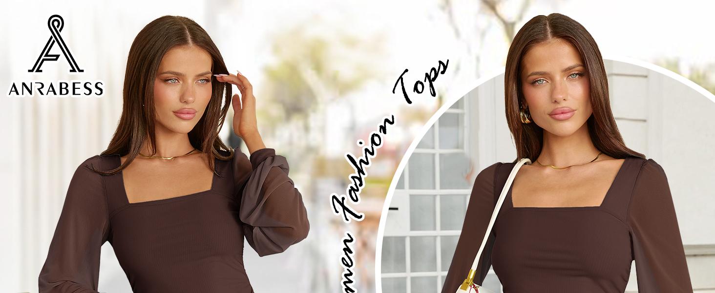 ANRABESS Womens Square Neck Puff Mesh Long Sleeve Tops Double Lined Dressy Casual Blouses Shirts 2025 Going Out Fall Clothes ANRABESS Womens Square Neck Puff Mesh Long Sleeve Tops Double Lined Dressy Casual Blouses Shirts 2025 Going Out Fall Clothes