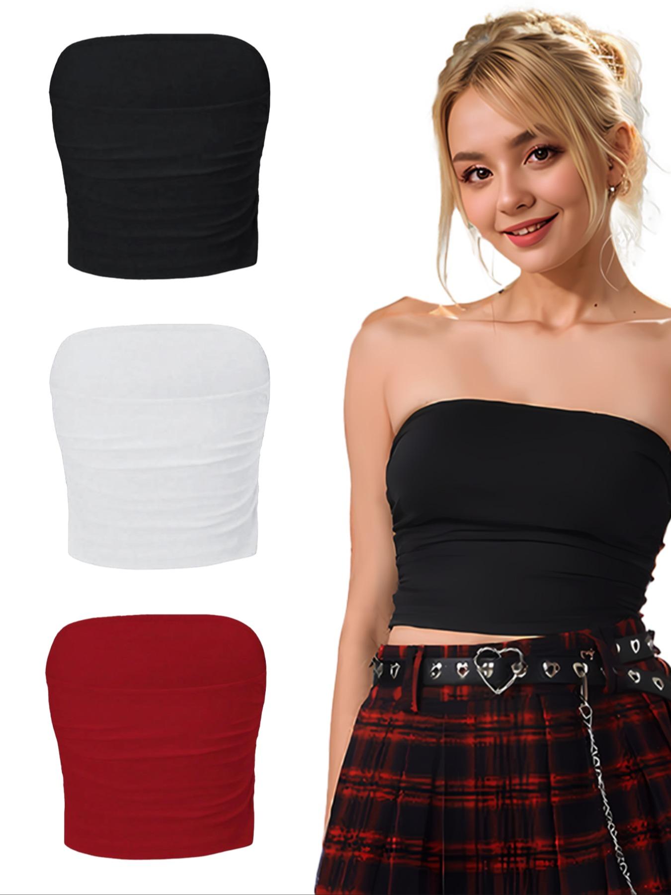 Women's Solid Ruched Crop Tube Top, Summer Clothes Women, Casual Basic Fitted Strapless Top for Summer, Women's Clothes for Daily Wear