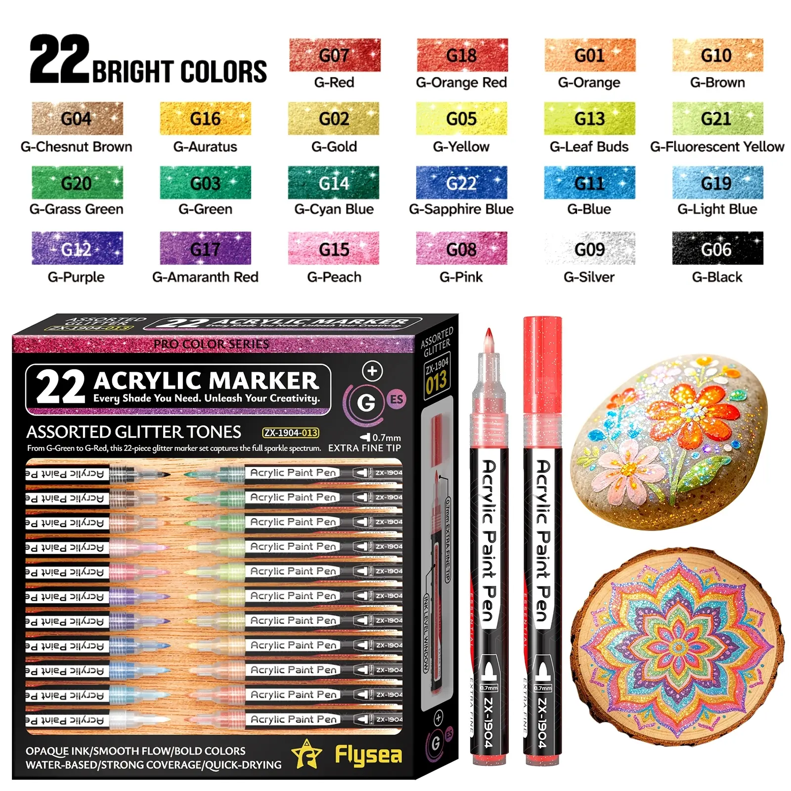 Flysea Acrylic Paint Markers, Multipurpose Marker Pen, 22-Piece Set, Fine Tip 0.7mm, Quick-Drying, Non-Blotchy, Ideal for Stone, Wood, Metal, Glass, Canvas, DIY Crafts