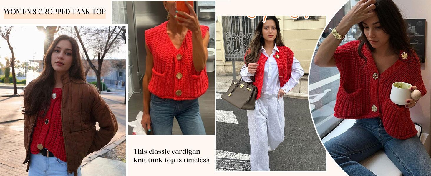SCUSTY Womens Crochet Chunky Knit Top with Pockets Sleeveless Button Down Crop Tops Trendy Cardigan Sweater Vest for Women SCUSTY Womens Crochet Chunky Knit Top with Pockets Sleeveless Button Down Crop Tops Trendy Cardigan Sweater Vest for Women
