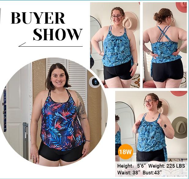 Holipick Women Plus Size Two Piece Tankini Swimsuit Tummy Control Bathing Suits Blouson Tankini Top with Boy Shorts