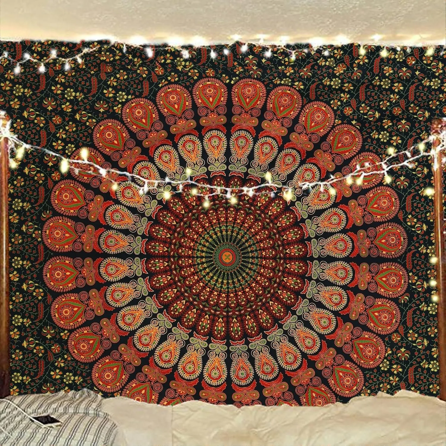 Organic Cotton Handmade Mandala Tapestry - Twin Size 140x185cm/54x72in Indian Hippie Bohemian Psychedelic Peacock Wall Hanging, Gift-Worthy Room Decor for College Dorm Bedding