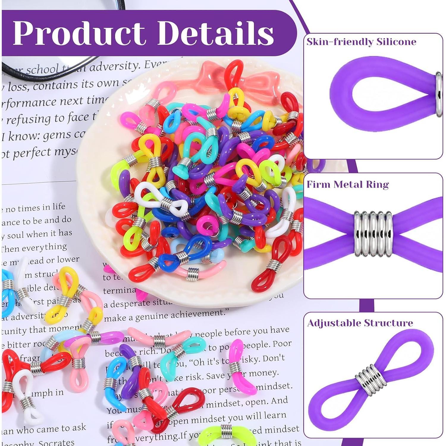Eyeglass Chain Ends, 100 count Adjustable  Eyeglasses Chain Connector Anti Slip Glasses Chains Rubber Loops Eyeglass Strap Retainer for Eye Glasses Sunglasses Holder Necklace Chains,  Color
