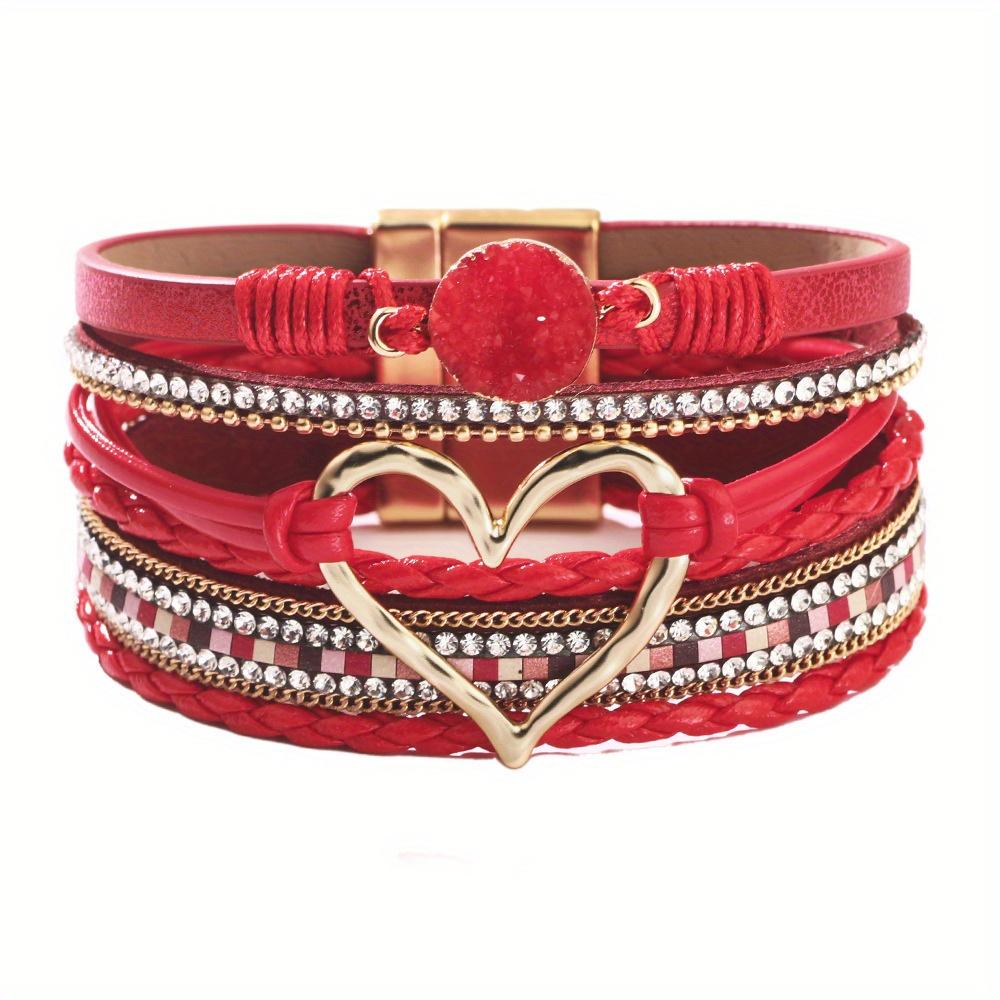 Bohemian Multi-Layer PU Leather Bracelet | Handmade Woven Gold Heart Bangle