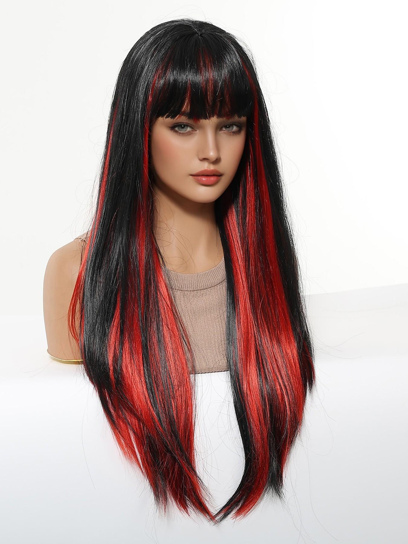 Ultra-Long Straight Wig 26 Inches, Wine Blend Color, Full Bangs, Natural Hairline, Layered Inner Curl, Women's Fashion Wig, Synthetic Wigs
