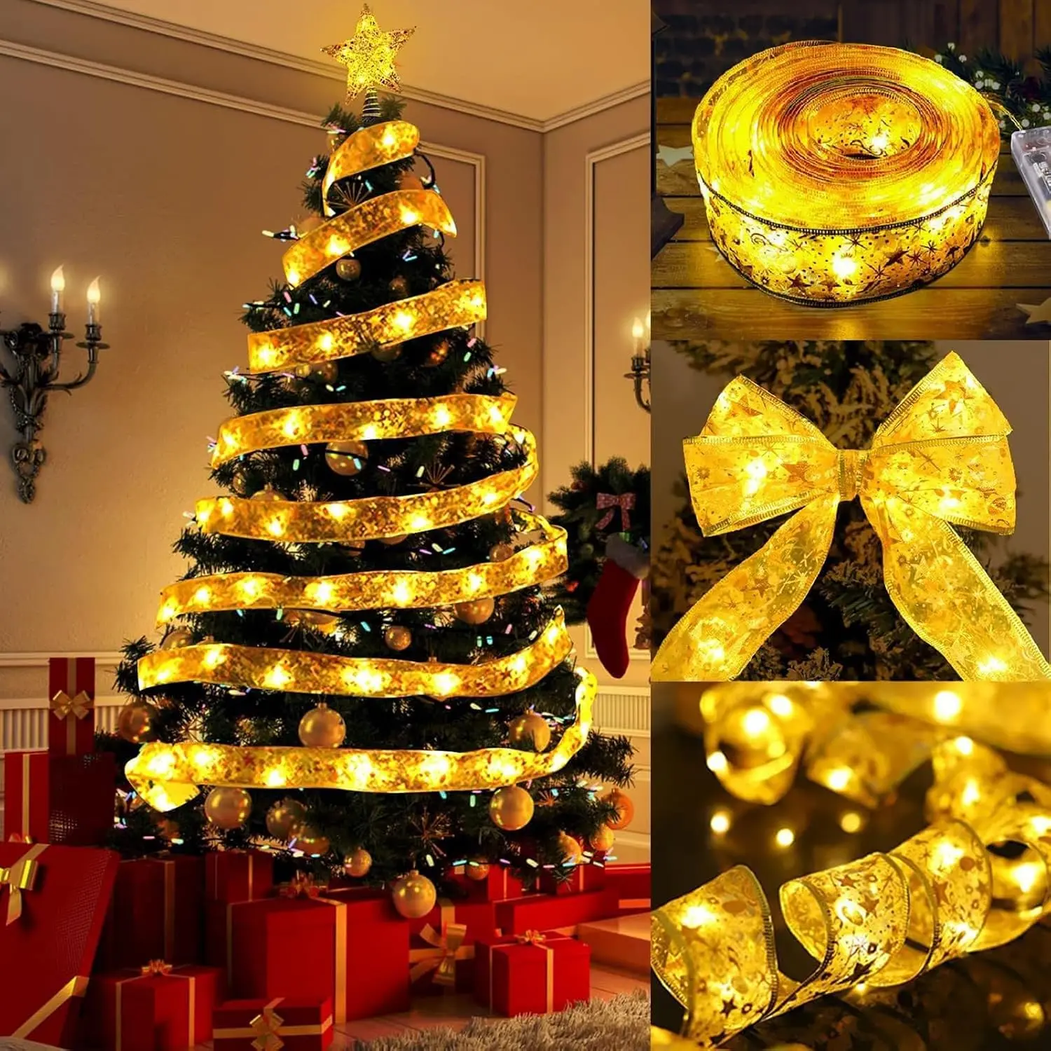 Christmas Ribbon Fairy Lights for Xmas Tree Decor, 5cm Wide 100cm Long 10‑LED Warm White String Lights, Battery Operated Indoor Lights for New Year Party Wall Home Decorations