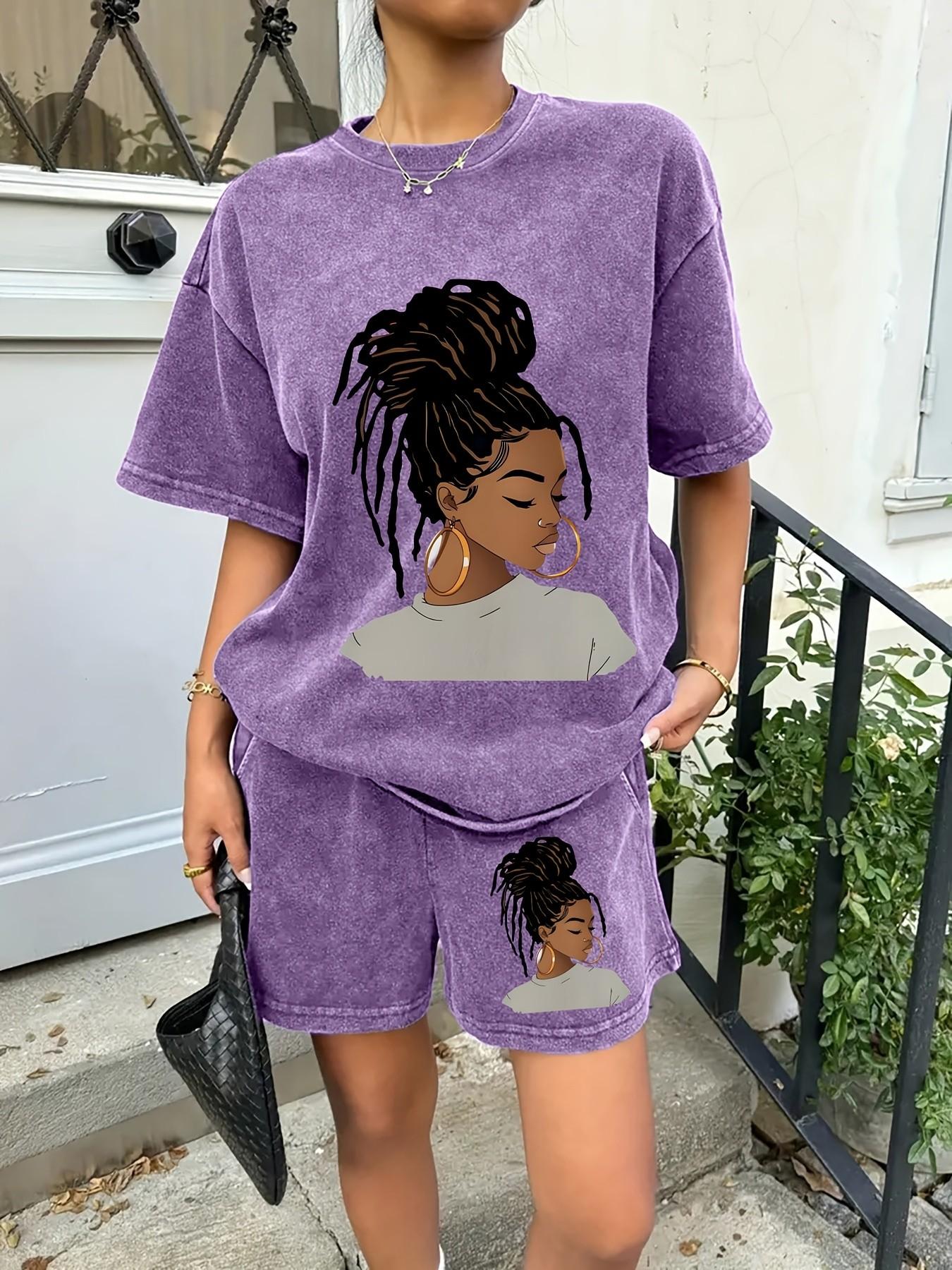 Matching set featuring a washed, distressed texture and a unique "Black girl" portrait print; durable and built for frequent daily wear. Loose, casual fit—perfect for effortless styling, whether lounging at home or heading out. Round neck Women