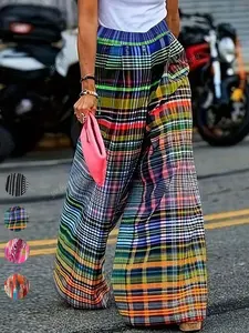 Plus Size Women's Plaid Print High Waist Wide Leg Pants, Casual Fitted Short Hems, All-Season Streetwear for Summer