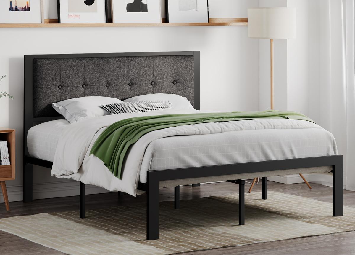 SHA CERLIN Grid-Tufted Uphoelstered Platform Bed Frame with Linen Fabric/Faux Leather Headboard,【Frame Only No Mattress】Metal Slats Supports,Twin/Full/Queen/King Size, Noise-Free,No Box Spring Needed#ChristmasGifts#TikTokShopBlackFriday