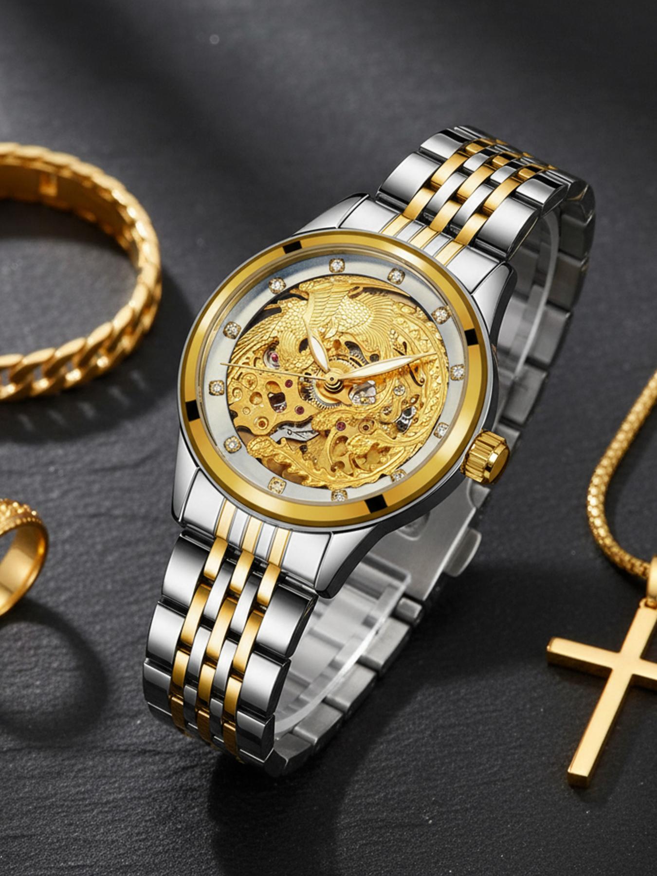 4-piece set of business elite gifts: gear mechanical watch, necklace, bracelet, and ring
