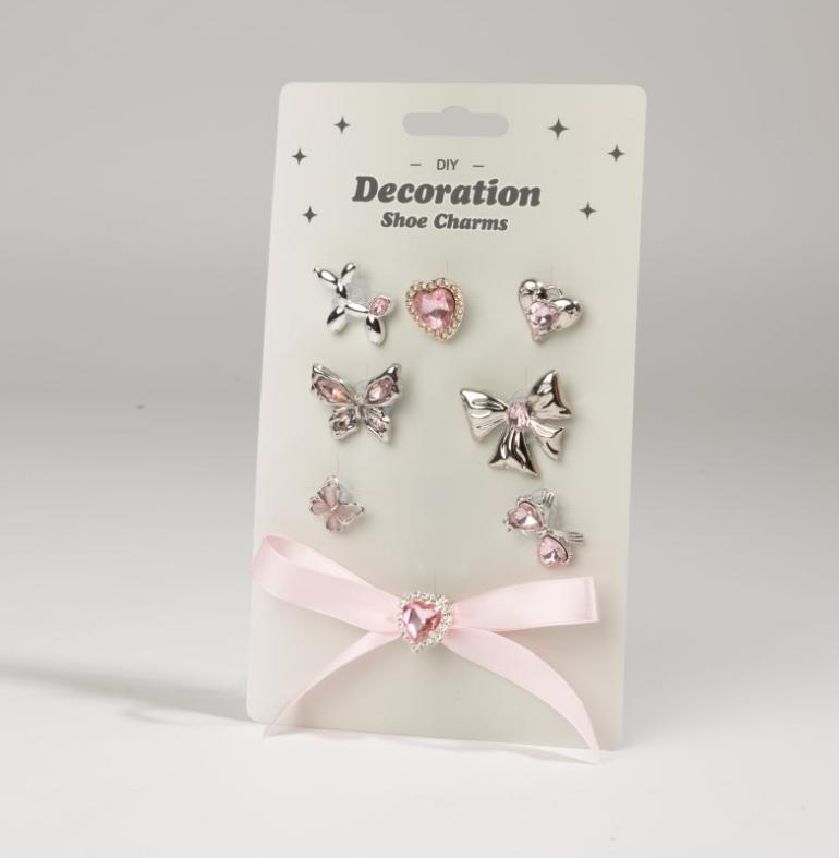 Fashion Cartoon Clog Charms Cute Crocs accessories, Charms with bows, hearts, chains, Fun dopamine shoe decorations in pink, sliver, white & black