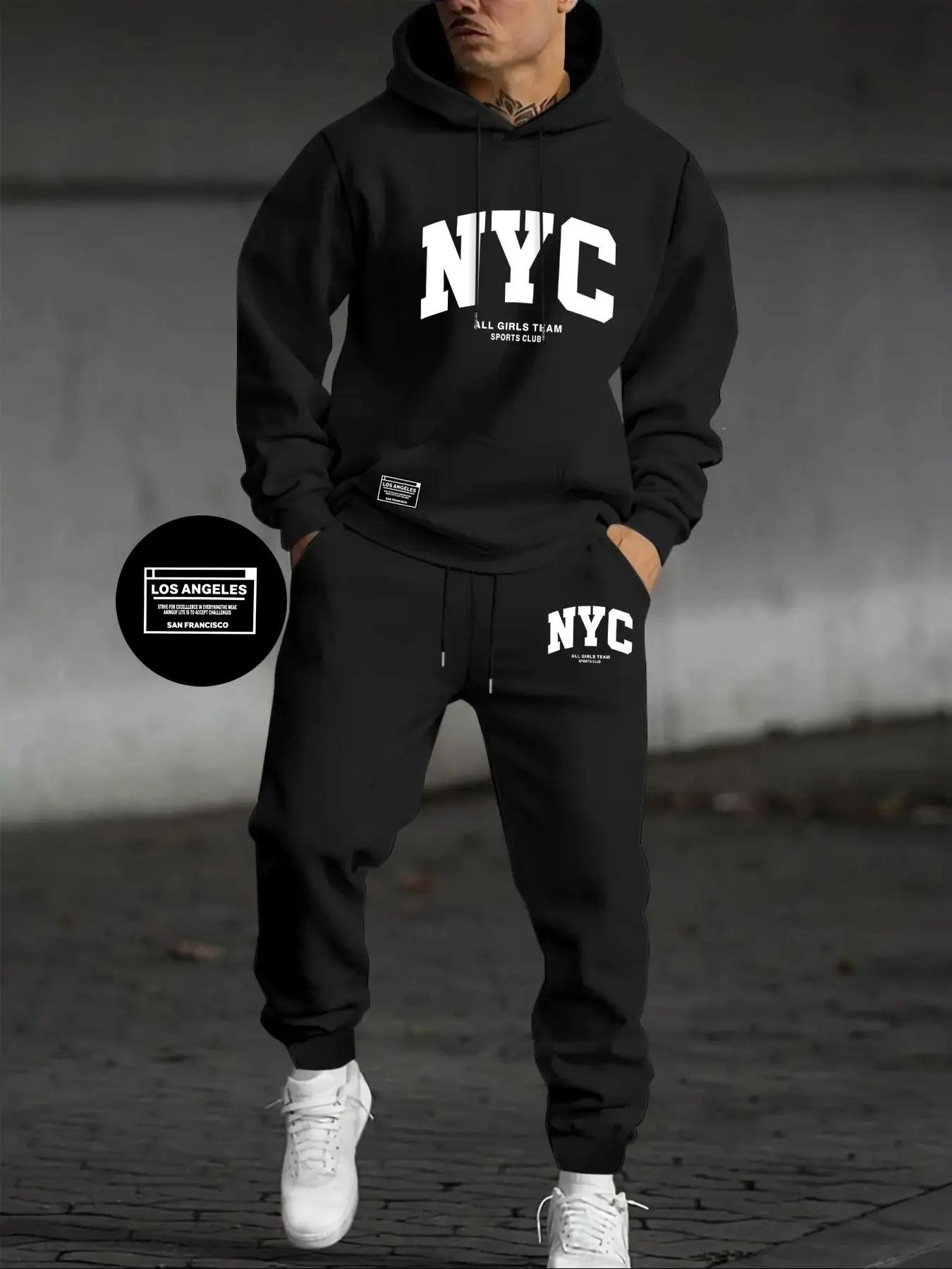 Men's Letter Print Hoodie Set, Kangaroo Pocket Drawstring Hooded Sweatshirt + Waistdrawstring Sport Pants 2 Piece Set, Fall & Winter Casual Fashion, Streetwear Tracksuit Set, Sweatsuit Set, Loose Casual Athleisure