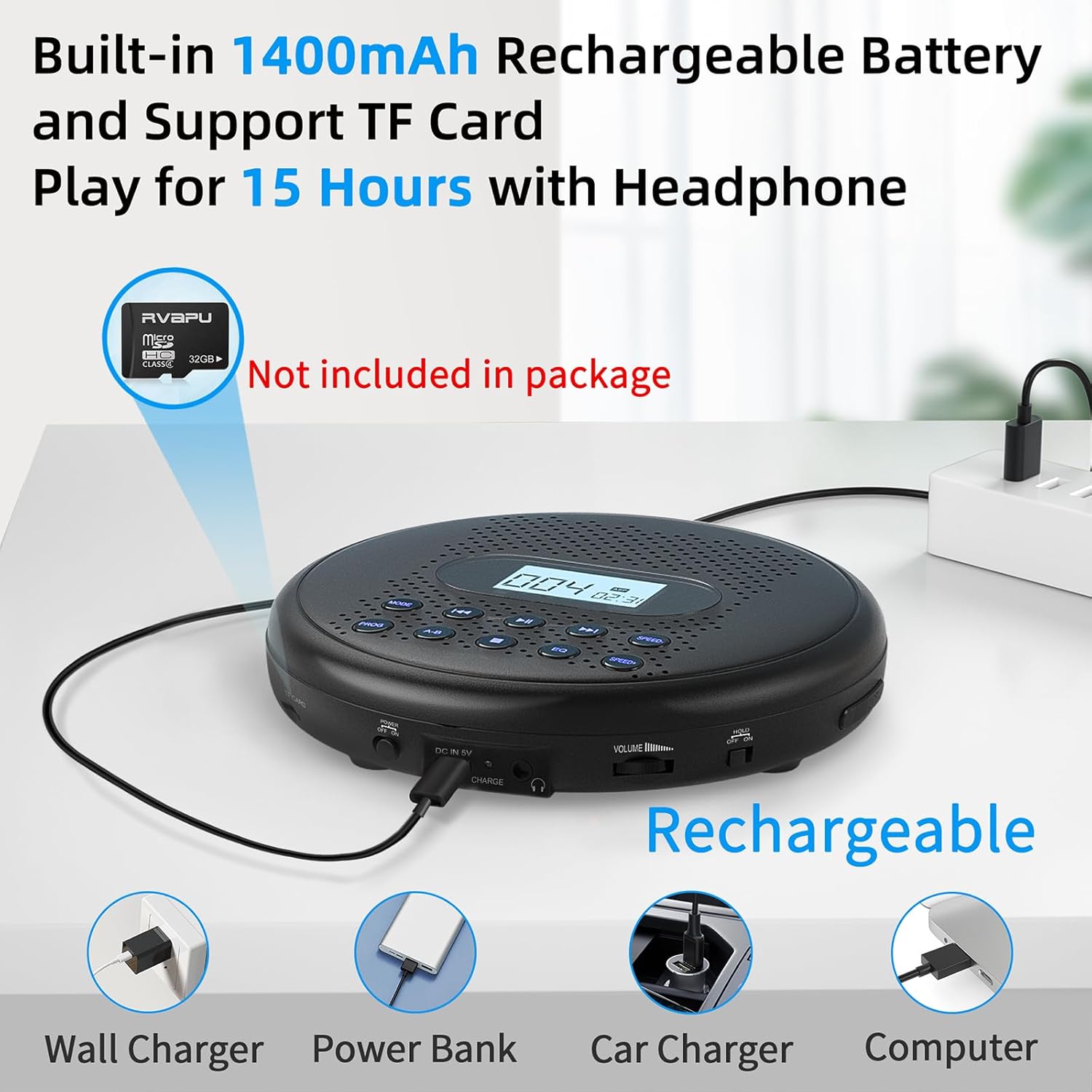 Portable CD Player with Stereo Speakers, Rechargeable CD Player for with Anti-Skip Protection, Headphones and AUX Backlight Buttons Portable CD Player with Stereo Speakers, Rechargeable CD Player for with Anti-Skip Protection, Headphones and AUX Backlight Buttons