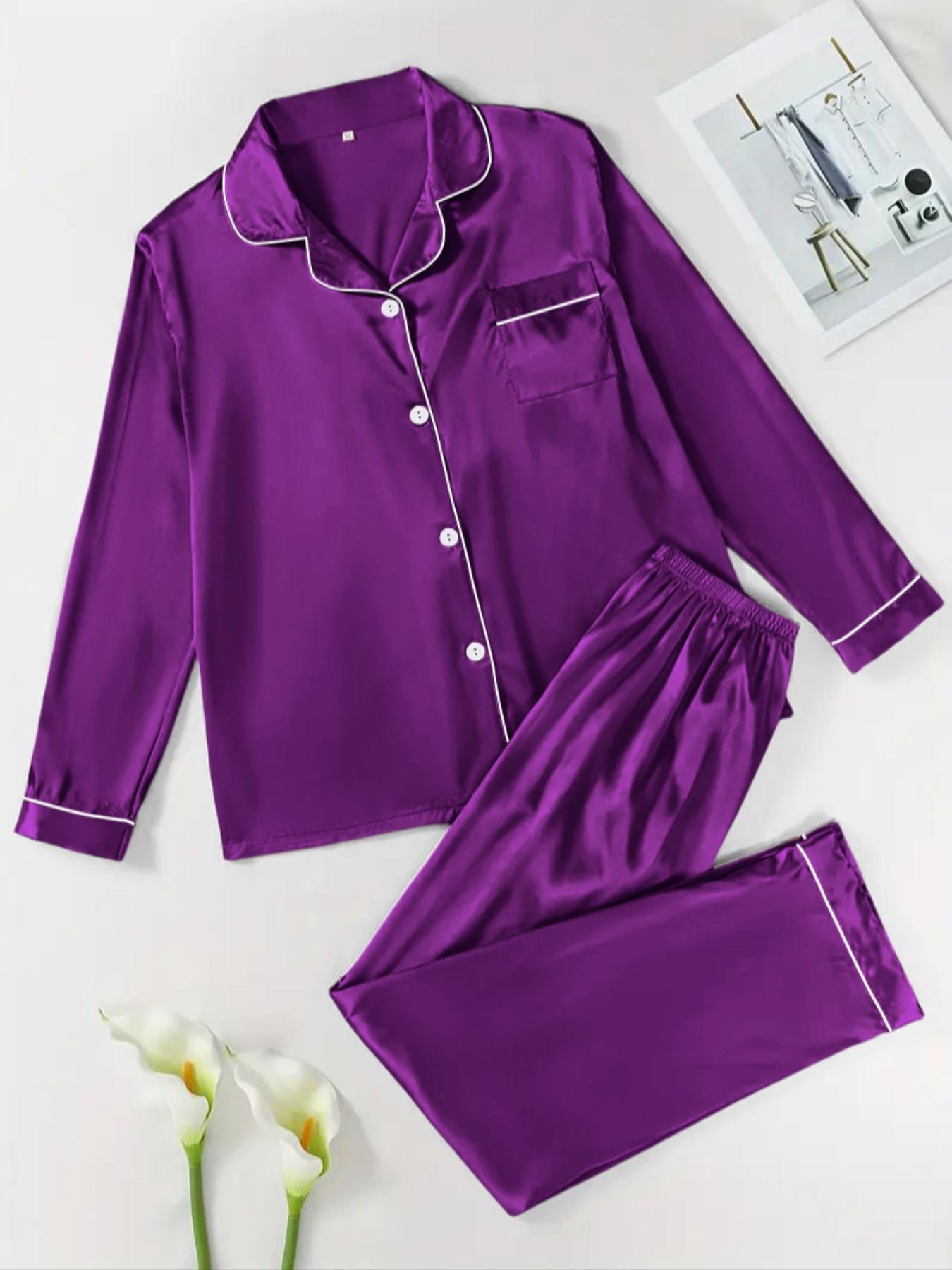 【Valentine's Day】Two-Piece Set Women's Solid Contrast Binding Satin Pyjamas, Pajamas, Long Sleeve Lapel Button Front Shirt & Elastic Waist Pants PJ Set, Casual Comfortable Sleepwear Set for Women