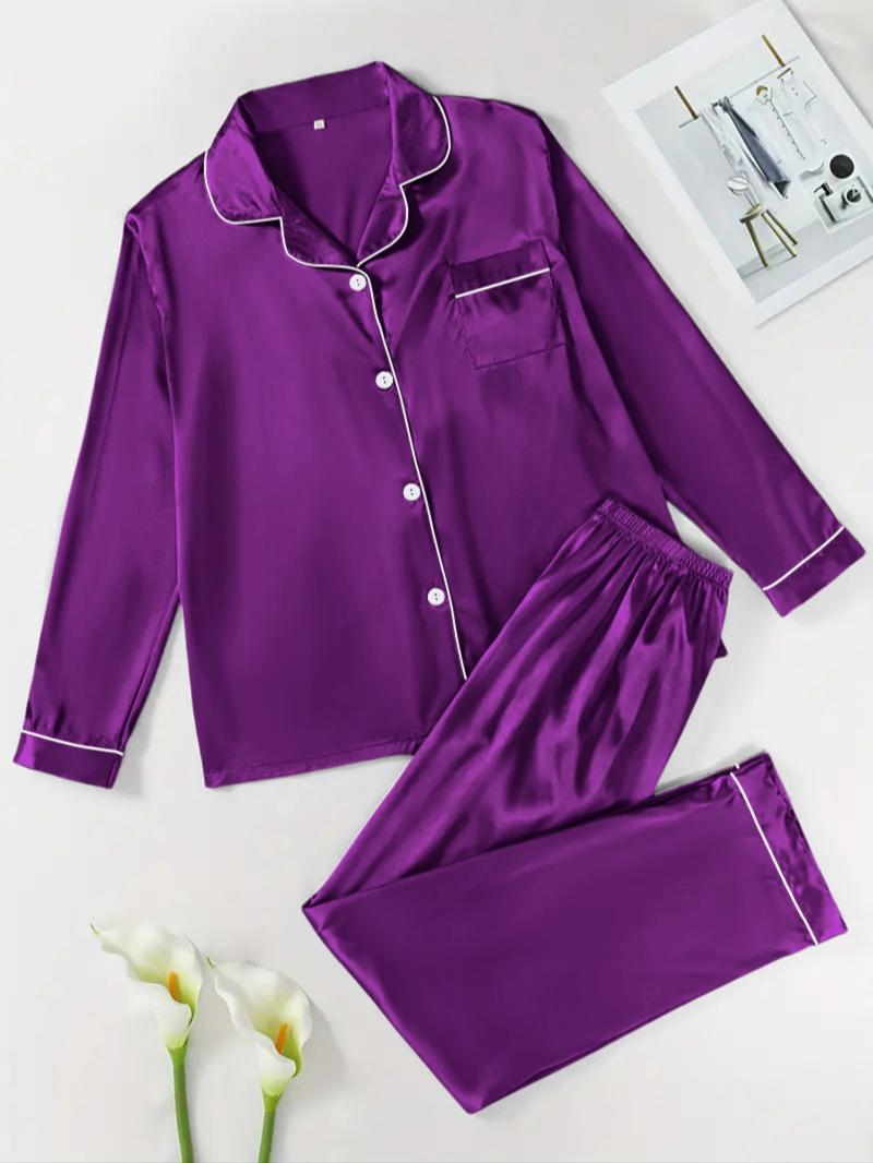 【Valentine's Day】Two-Piece Set Women's Solid Contrast Binding Satin Pyjamas, Pajamas, Long Sleeve Lapel Button Front Shirt & Elastic Waist Pants PJ Set, Casual Comfortable Sleepwear Set for Women