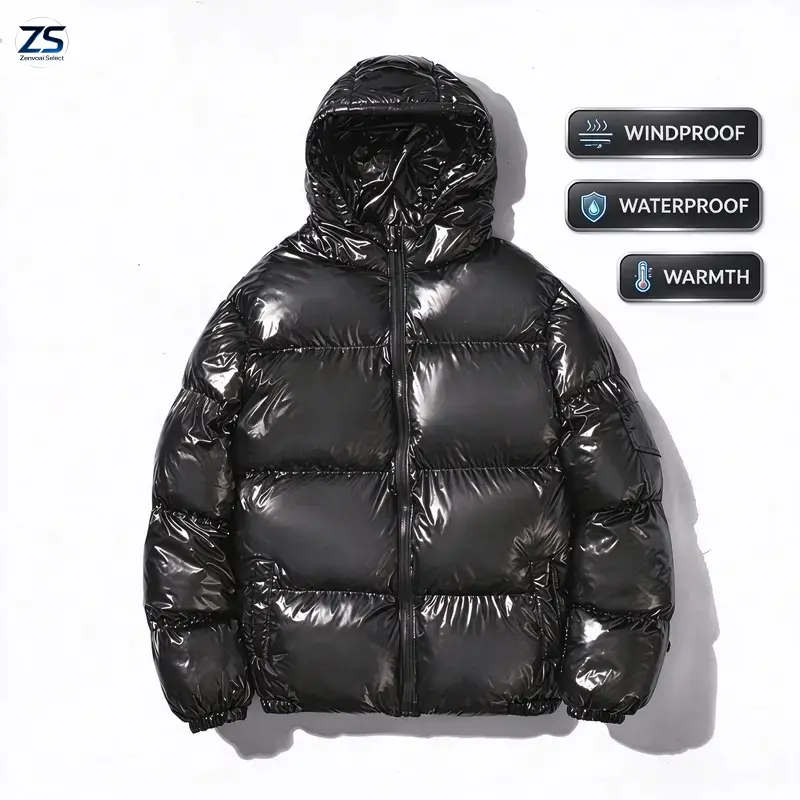 ZS Mens Shiny Puffer Jacket Zip Up Hooded Coat Thick Cotton Padded Outerwear Warm Winter Streetwear Fashion Casual Loose Fit Clean Look Windproof Thermal Jacket With Side Pockets Stylish Minimalist Design Cold Weather Comfort