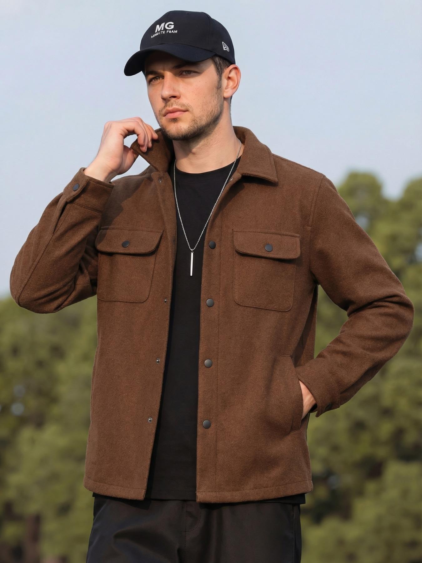 Men's Casual Thick Woven Solid Pocket Jacket Coat, Fitted Design for Work & Outdoor, Lightweight for Fall Winter Season