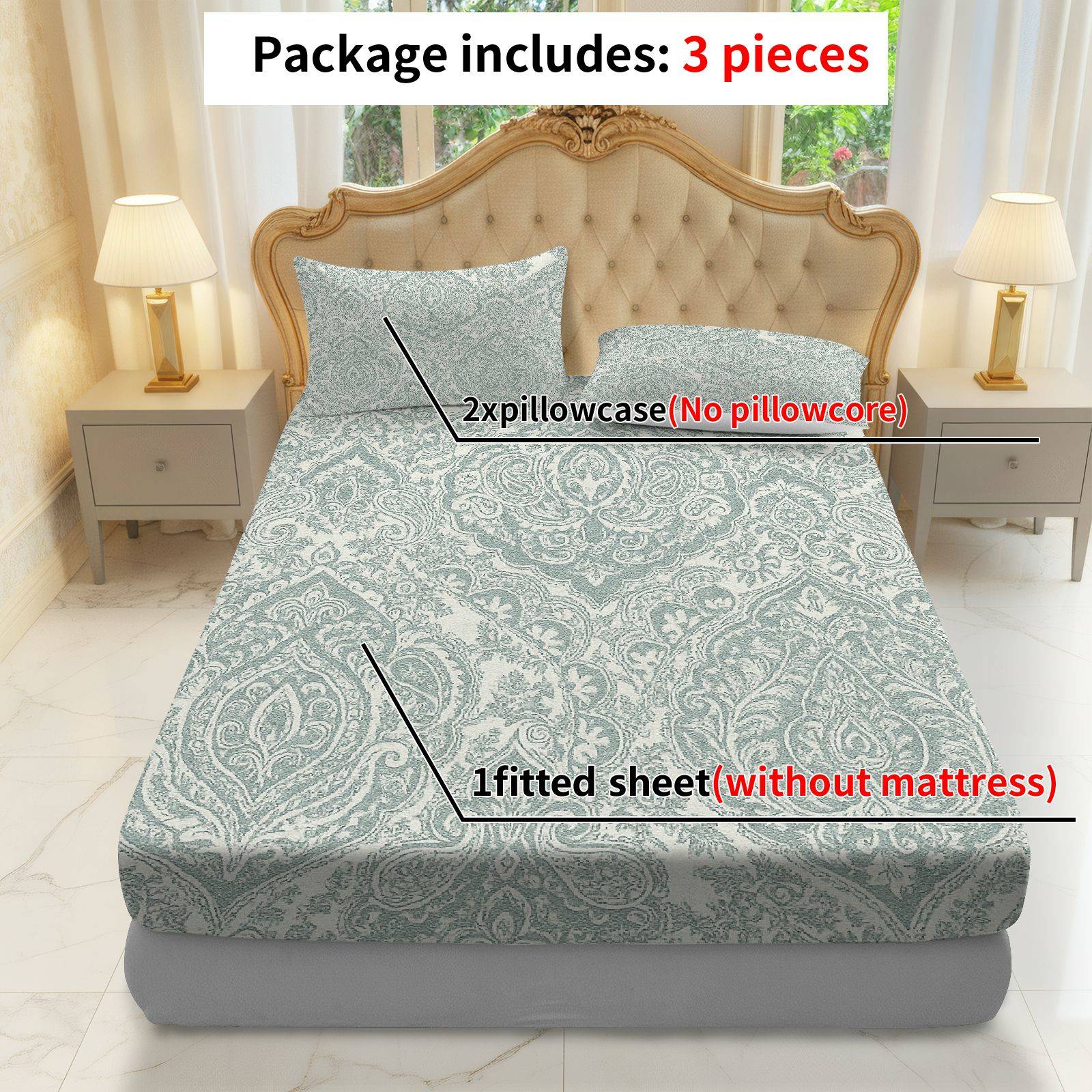 3Pcs Damask Pattern Elegant Luxury Fitted Sheet Three Piece Set (1*Fitted Sheet+2*Pillowcases, Coreless), Home Decor theme, Decorative Bedding Set, Mattress protector Soft, Breathable, Decorative Bedsheet Sets, Breathable Sheets