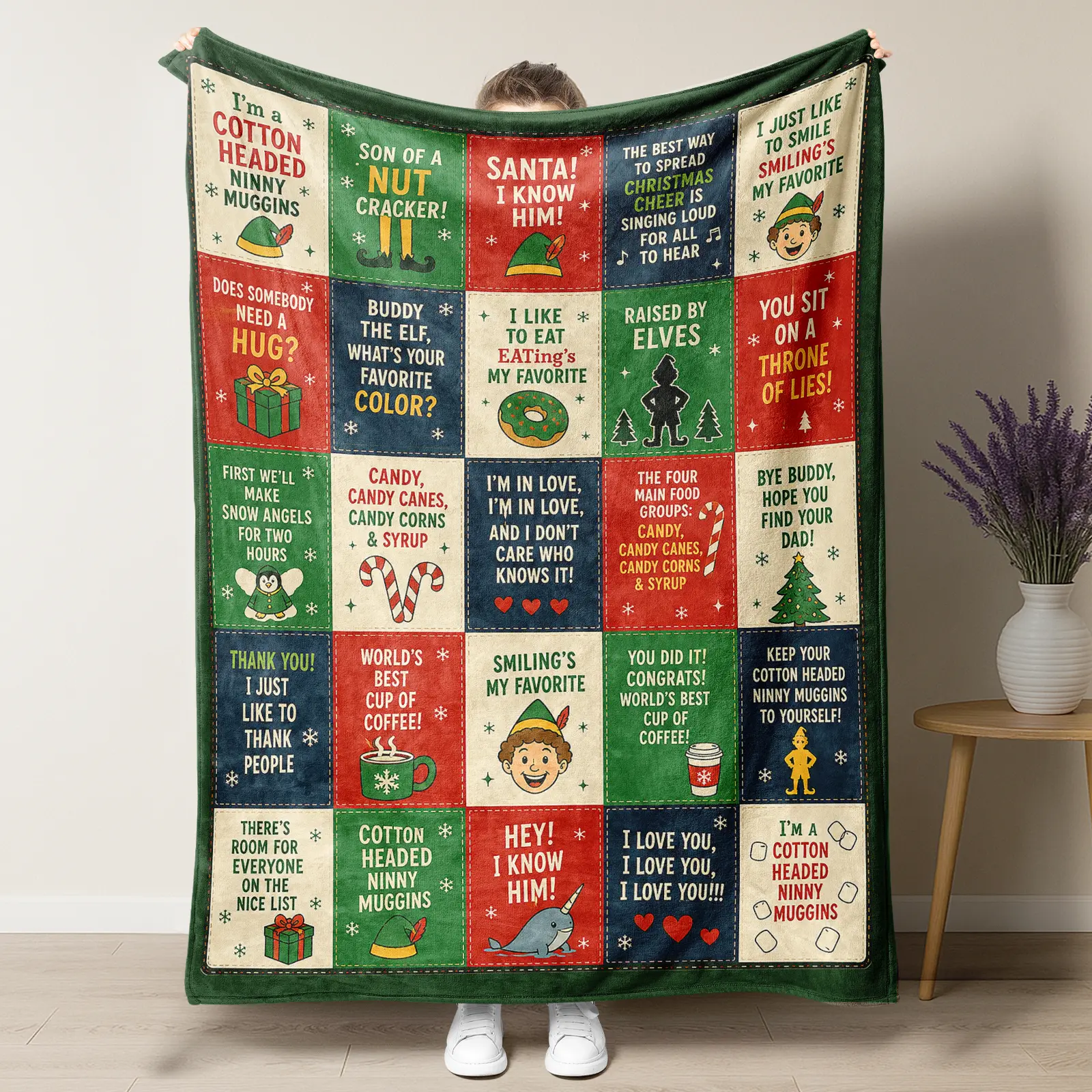 The Elf Christmas Quote Patchwork Blanket,Retro Grid Elf Movie Lines Flannel Throw,Christmas Wall Decor & Sofa Cover,Practical Home Essentials Ideal For Bedroom Decor & Christmas Gift,Back To School,College Dorm Haul