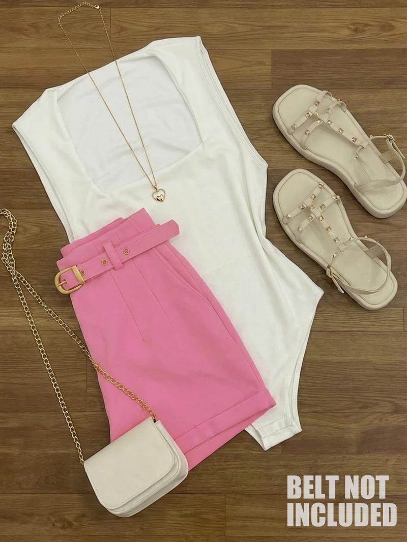 Women's Fashion Comfortable Knitted Sleeveless Top and High Waist Shorts Set, Casual Elegance Commuter Style, No Belt Included