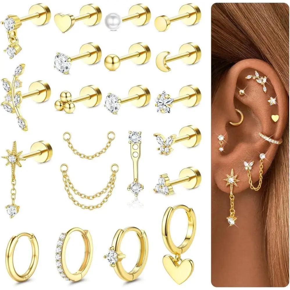 CASSIECA 21Pcs Earring Stacking Set Trendy Jewelry Dainty Surgical Steel Accessories for Women with Zircon Gems, Gold Silver Hoops, Studs, Helix Piercing Options for Cartilage, Tragus, Conch Sohochic