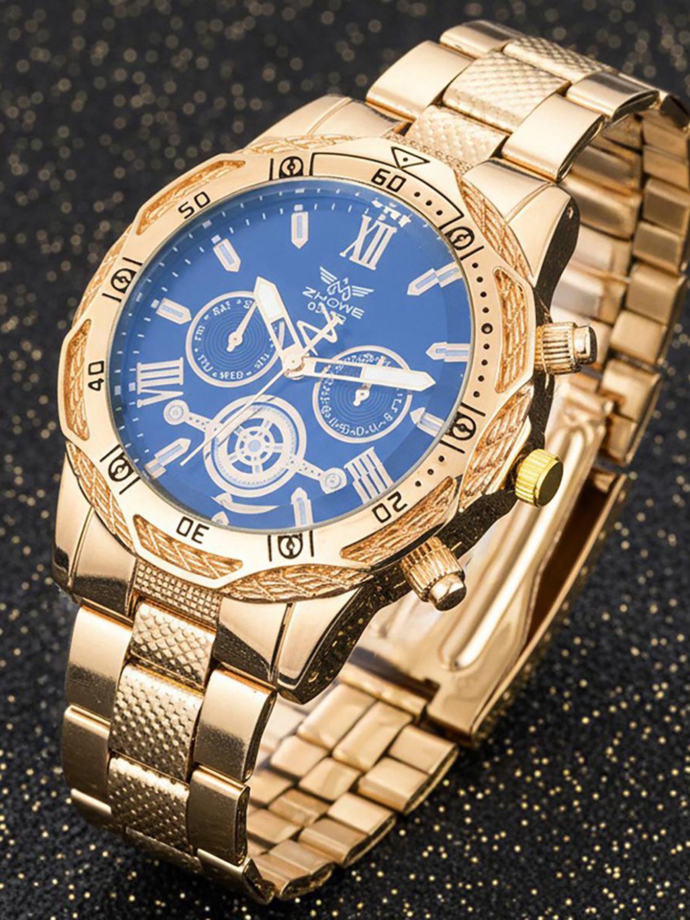 3 counts - Men's Heavy-duty Steel Band Large Dial Watch! Roman Numeral Chronograph, Business Commute All-rounder, Perfect Gift for Father's Day or a Birthday Present for a Partner